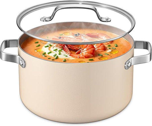 Bakken 8.5 Quart Ceramic Coated Stock Pot with Lid, Easy Clean Nonstick Pot, Tempered Glass Lid, Riveted Stainless Steel Handles, Oven Safe Up To 500°F, PTFE & PFAS Free, All Stove Compatible, Cream by BAKK%C3%8BNMASTER