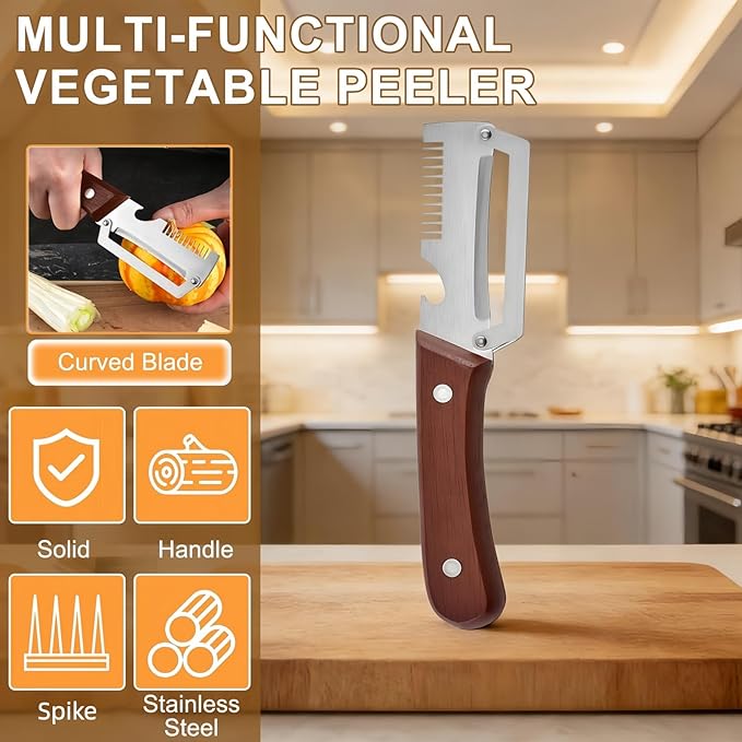 2PCS Multifunctional Vegetable Peeler, Upgrade 3-in-1 Wooden Handle Peelers with Bottle Opener, Premium Stainless Steel Peeler, Fruit Knife for Welsh Onion, Potato, Carrot, Apple, Pumpkin with a Brush - Image 3