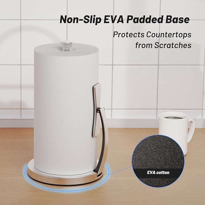 VEHHE Paper Towel Holder Countertop, One-Handed Tear, Stainless Steel, Stand Paper Towel Holder with Spring Activated Arm & Non Slip Weighted Base, for Kitchen Bathroom (Silver) - Image 3