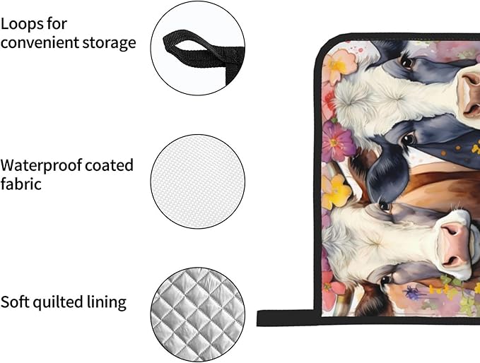 Watercolor Cows Oven Mitts and Pot Holders Sets Daisy Flower Kitchen Oven Gloves Heat Resistant 500 Degrees Oven Mitt and Hot Pad for Cooking BBQ Baking Grilling - Image 5