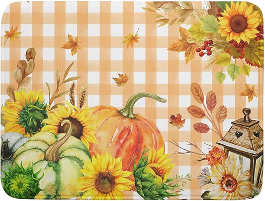 Autumn Maple Leaf Orange White Check Plaids Dish Drying Mat for Kitchen Counter,Fall Sunflower Pumpkin Drying Mat 18 x 24 Inch with Absorbent Reversible Microfiber Dish Drying Pad for Coffee Bar by Anyako
