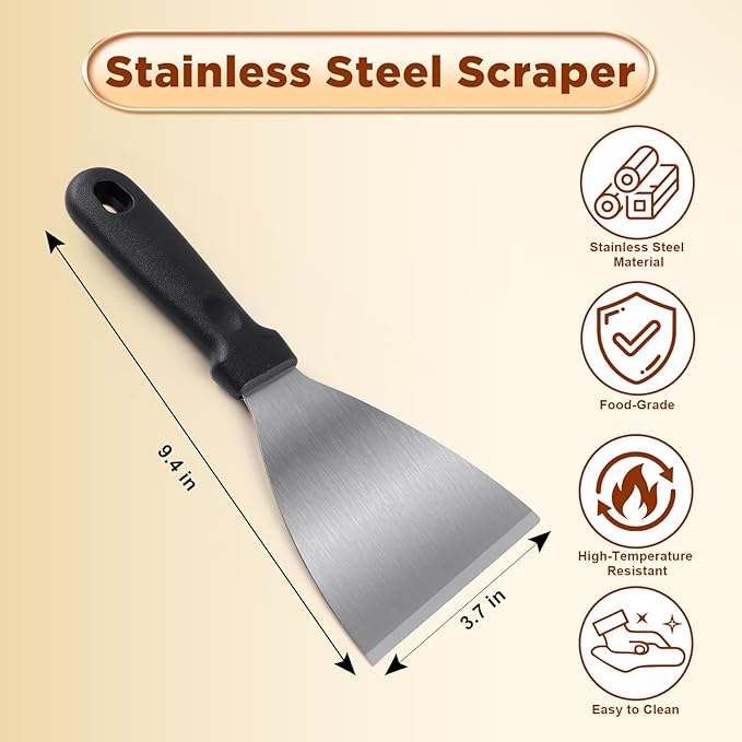 Griddle Scraper，Stainless Steel Grill Scraper,Slant Edge Metal Spatula for Teppanyaki Flat Top BBQ,Grill Cooking,Frying Steak Pork Chop Chicken Chop,Dishwasher Safe - Image 2