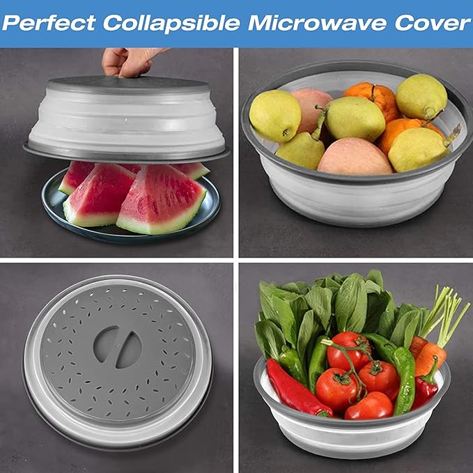 10.5" Microwave Splatter Cover for Food with 10" Mat, Collapsible & Vented Silicone Splatter Guard Lid with Handle Kitchen Gadget, Grey