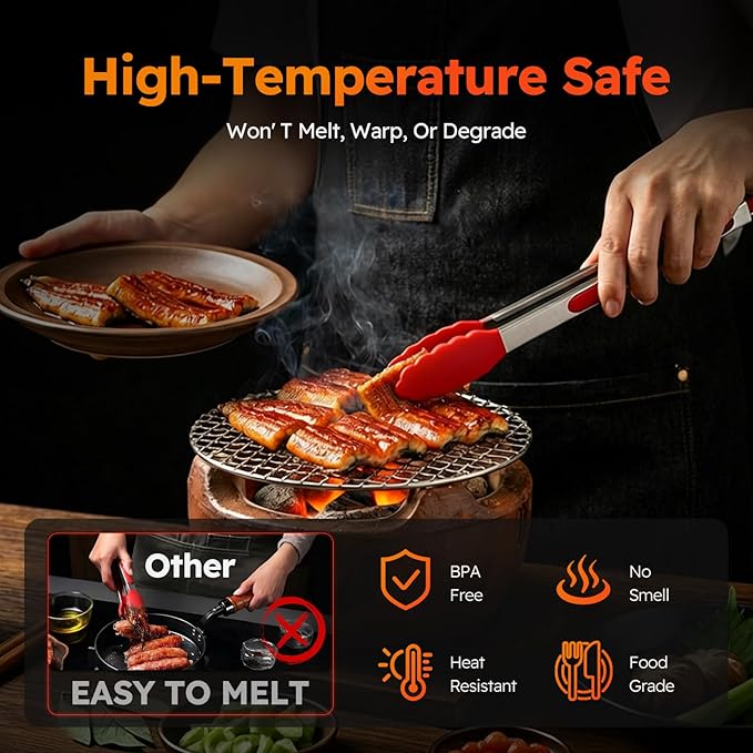 HST Tongs for Cooking with Silicone Tips(3 Pack), Non Stick Kitchen Tongs with Silicone Tip for Cooking BBQ Baking (12", Red) - Image 3