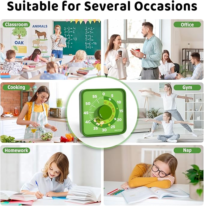 Secura 7.5-Inch Animal Pattern Visual Timer for Kids, 60-Minute Countdown Timer for Classroom or Kitchen, Durable Mechanical Timer Clock with Magnetic Backing (Green) - Image 6
