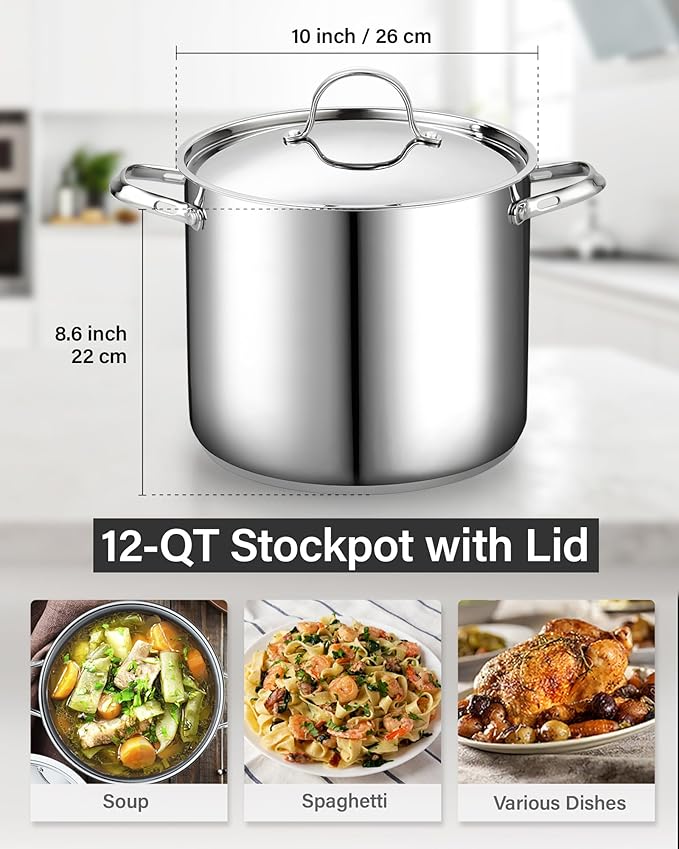 Cooks Standard 18/10 Stainless Steel Stockpot 12-Quart, Classic Deep Cooking Pot Canning Cookware with Stainless Steel Lid, Silver - Image 2