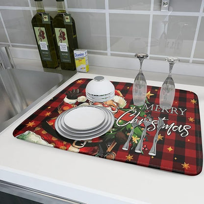 Merry Christmas Santa Claus Red Buffalo Plaid Dish Drying Mat for Kitchen Counter,Winter Snowflake Xmas Tree Drying Mat 18 x 24 Inch with Absorbent Reversible Microfiber Dish Drying Pad for Coffee Bar - Image 6