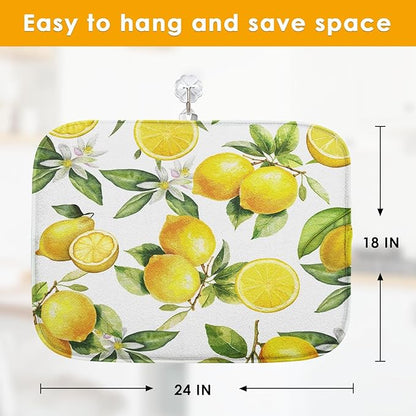 Sanwarm Absorbent Dish Drying Mat, Floral Lemon Fruits Vintage Microfiber Pad for Kitchen Counter, Coffee Bar Decor, Heat Resistant and Reversible, 18" x 24"