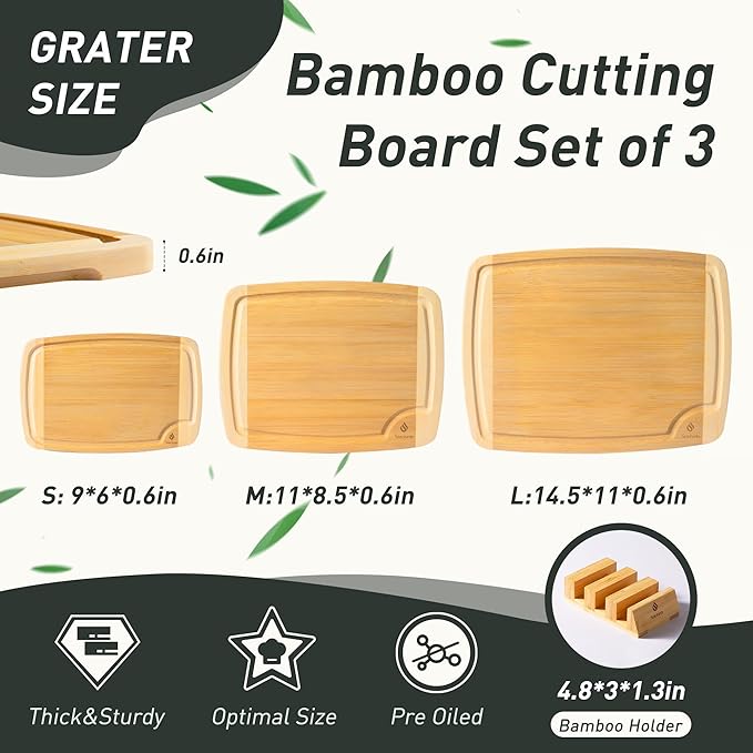 Bamboo Cutting Board Set Non Slip Feet with Holder Over Sink Tablas Para Picar Cocina Tabua Madeira Corte Carne Bambu Alimentos Cortar Madera Juego Regalos Cumpleaños Navidad Mujer Mama Abuela Papa - Image 2