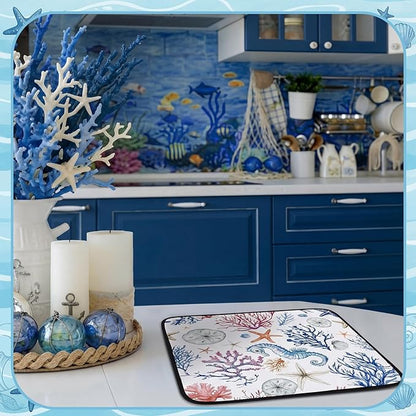 Breling Summer Dish Drying Mat Beach Kitchen Dry Mat 16 x 18 Inch Seahorse Blue Coral Table Dishes Pad Microfiber Absorbent Drying Reusable Washable Pad Kitchen Accessories for Home Decor
