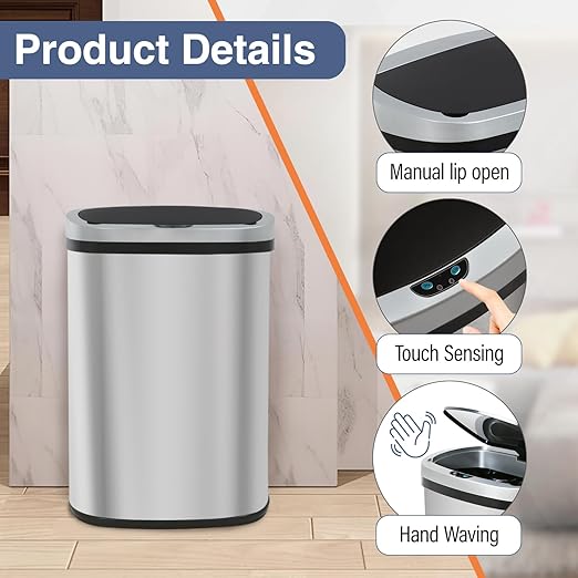 PayLessHere | 13 Gallon Stainless Steel Trash Can | Steel | Automatic Touchless Lid with Motion Sensor | Kitchen Garbage Can with Waterproof Design | for Home, Office, Bathroom | Pack of 1 - Image 3