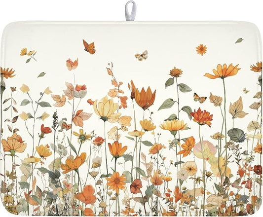 Fall Floral Dish Drying Mat for Kitchen Counter Orange Rustic Vintage Wildflower Pattern Microfiber Dish Drainer Mat Autumn Absorbent Washable Drying Pad Extra Large 18"x24"