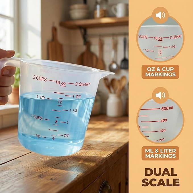 16 Pcs 2 Cup Capacity Plastic Measuring Cup, 16 Oz/500 ml Clear Graduated Measuring Cups Plastic Mug with Spout and Handles Ounce and Ml Cup Marking for Recipe Ingredient, Flour, Water, Liquid