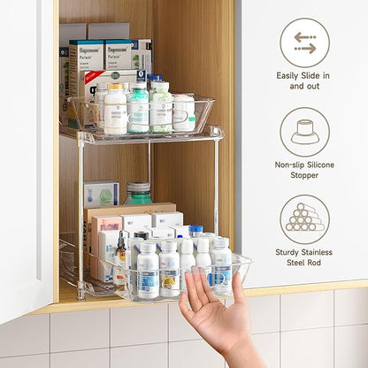 Sevenblue Under Sink Organizer, Bathroom Organizers and Storage, 2 Tier Multi-Use Pull Out Cabinet Organizer with Hang Hooks and Cups (transparent, 2 Pack) - Image 5