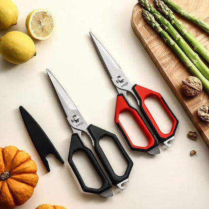 LIVINGO Kitchen Scissors Set All Purpose - Heavy Duty Stainless Steel Come Apart Food Shears for Cutting Meat, Vegetables, Dishwasher safe, 2 Pack, Red Black Multi-Function Handles - Image 3