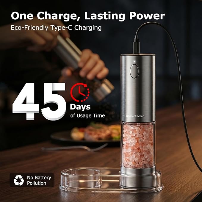 Bonsenkitchen Electric Salt and Pepper Grinder Set Rechargeable, 95ml Large Capacity Salt Shaker with LED Light, USB-C Fast Charging Automatic Pepper Mill with 5 Adjustable Coarseness for Kitchen, BBQ - Image 4