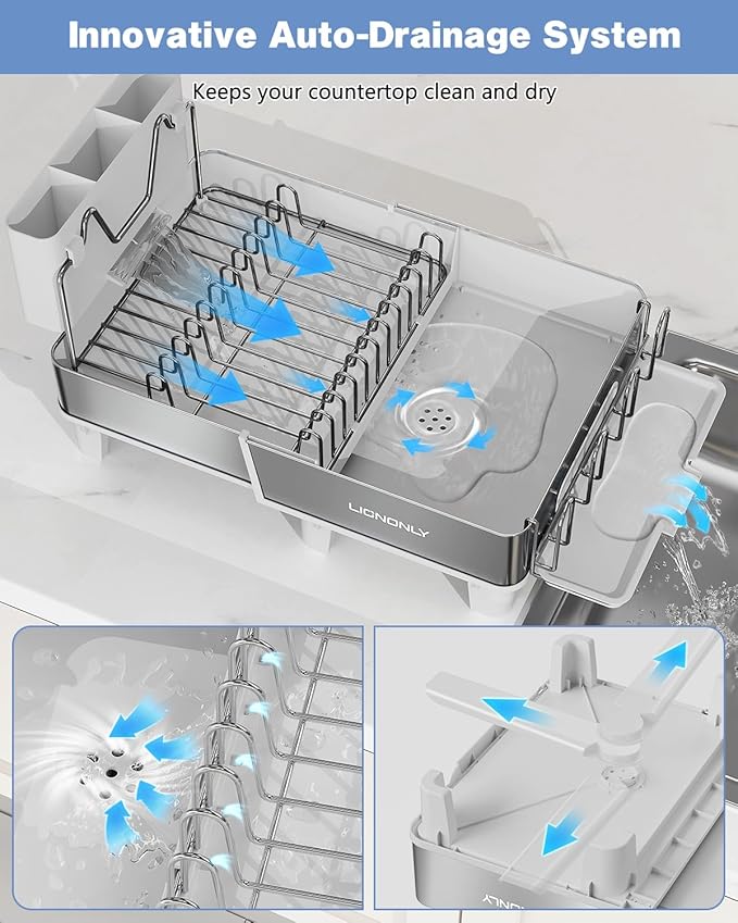 Dish Drying Rack, 304 Stainless Steel Expandable Dish Rack with Adjustable Drain Spout, Large Capacity Dish Drainer with Utensil Holder, Cup Holder and Cutting Board Rack for Kitchen Counter, White - Image 5