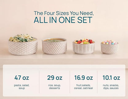 KooK Serving Bowls, with Lids, Ceramic Nesting Bowls, Set of 4, Embossed, Kitchen, Prep, Stackable, Gift, Microwave and Dishwasher Safe, 10/16/29/47 oz, Narbonne Collection (Ivory) - Image 4