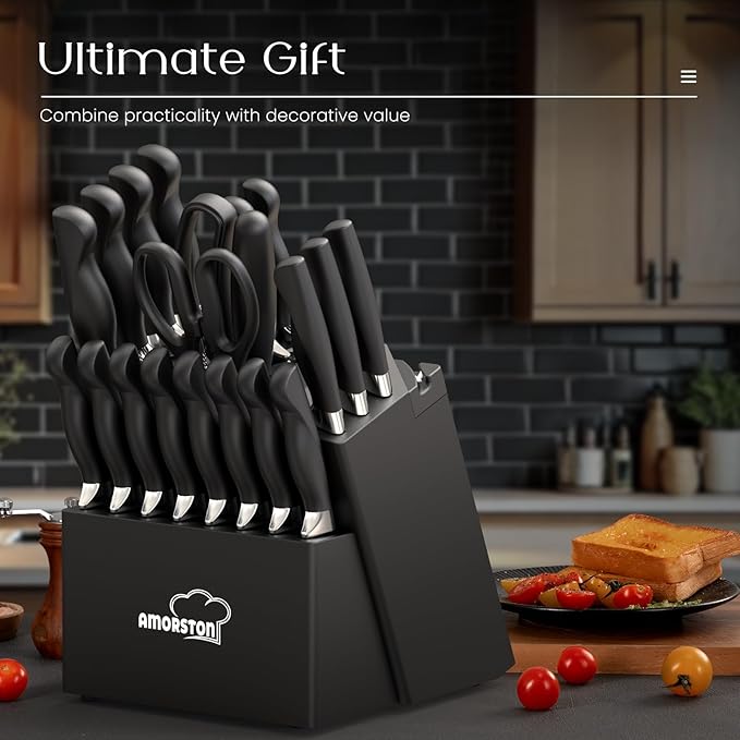 Knife Set, Amorston 21 Pieces Kitchen Knife Set with Block and Sharpener, Ultra-Sharp Knives Set with Ergonomic Handles, Black German Stainless Steel Knife Block Set, Dishwasher Safe - Image 7