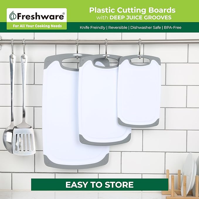 Freshware Cutting Boards for Kitchen, Chopping Board 3-Pack with Different Sizes, Juice Grooves and Non Slip Handles - Reversible, Large Cutting Board Set - Dishwasher Safe - Gray - Image 7