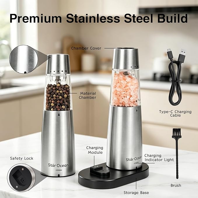 StarOcean Electric Salt and Pepper Grinder Set, Automatic Gravity Grinder with Rechargeable Base, 5 Adjustable Coarseness, Leak-Proof & Mess-Free, USB-C Charging, Stainless Steel