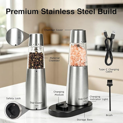 StarOcean Electric Salt and Pepper Grinder Set, Automatic Gravity Grinder with Rechargeable Base, 5 Adjustable Coarseness, Leak-Proof & Mess-Free, USB-C Charging, Stainless Steel
