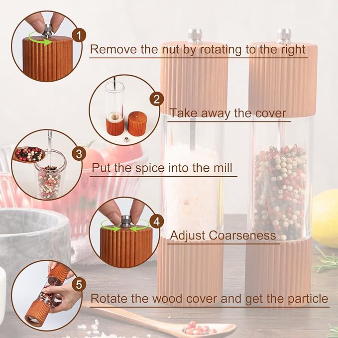 Acacia Wooden Salt and Pepper Grinder Set, 8 Inches Refillable Salt and Pepper Mills with Adjustable Ceramic Core, Manual Salt and Pepper Shakers for Kitchen Cooking and Gifts - Image 5
