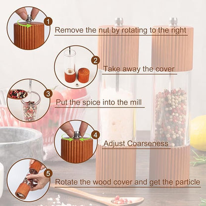 Acacia Wooden Salt and Pepper Grinder Set, 8 Inches Refillable Salt and Pepper Mills with Adjustable Ceramic Core, Manual Salt and Pepper Shakers for Kitchen Cooking and Gifts - Image 5
