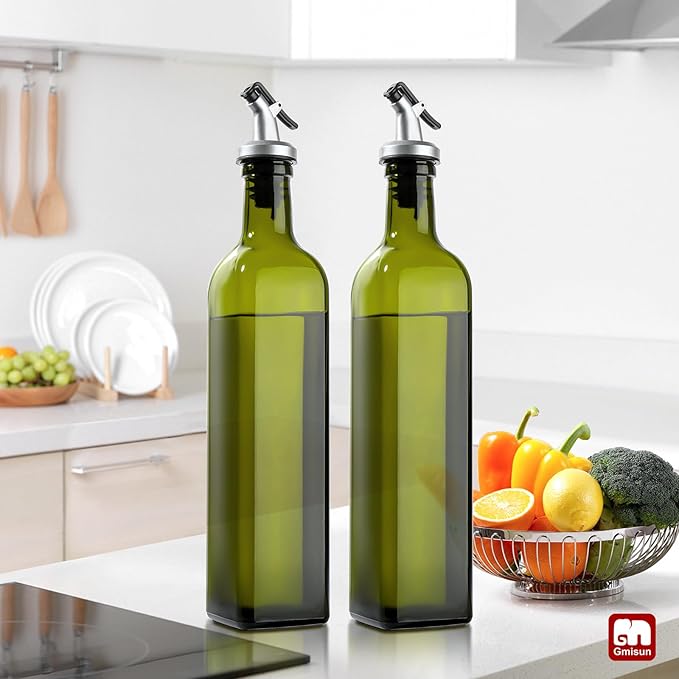GMISUN Olive Oil Dispenser Bottle 1 Pack, Olive Oil Dispenser for Kitchen 17oz, Glass Cooking Soy Sauce Bottle Container Cruet with Plastic Pourer Spout, Green - Image 5