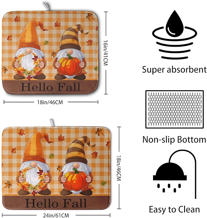 Hello Fall Autumn Gnomes Dish Drying Mat 18x24 Thanksgiving Pumpkin Maple Leaves Harvest Kitchen Drying Mat Orange White Buffalo Plaid Dish Drainer Mat Ultra Absorbent Dish Rack Pad for Coffee Bar - Image 2