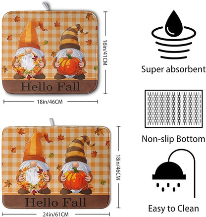 Hello Fall Autumn Gnomes Dish Drying Mat 18x24 Thanksgiving Pumpkin Maple Leaves Harvest Kitchen Drying Mat Orange White Buffalo Plaid Dish Drainer Mat Ultra Absorbent Dish Rack Pad for Coffee Bar - Image 2
