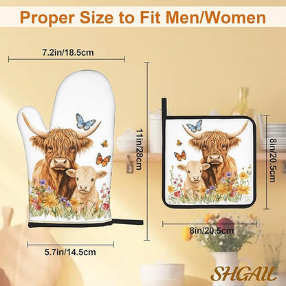 Highland Cow Flower Oven Mitts with Matching Potholders - Heat Resistant Kitchen Accessories for Baking, Grilling, Cooking, Gifts for Women