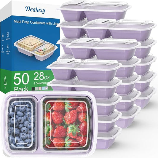 Dealusy 50 Pack (100-Piece) 28 oz Meal Prep Containers Reusable with Lids 2-Compartment, Sturdy Leakproof Food Safe, Microwave Freezer Dishwasher Safe, To Go Take Out Plastic Food Storage, Lilac