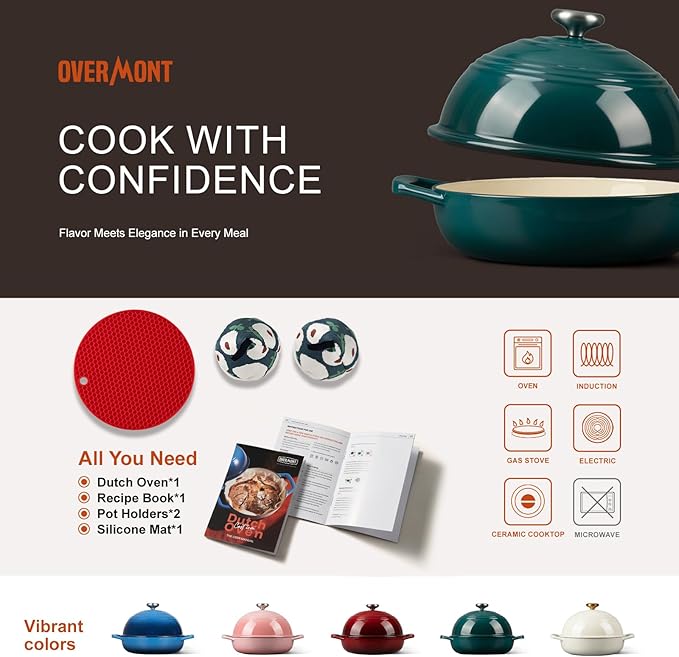 Overmont Enameled Cast Iron Bread Oven - 6QT Bread Dutch Oven for Sourdough Baking - Bread Pot with Dome Lid Cotton Potholders & Cookbook - Multi-Functional Bread Pan For Baking Frying Roasting - Image 6