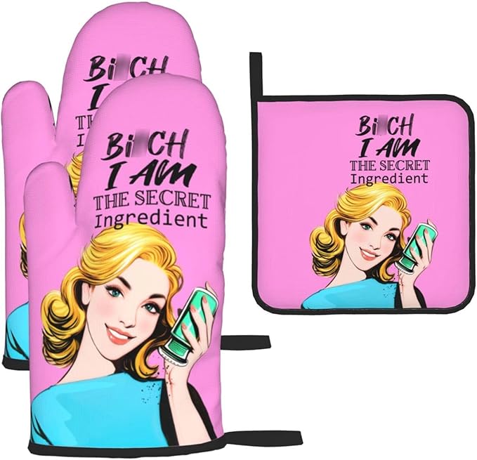 Funny Oven Mitts and Pot Holders Sets, Cute Pink Heat Resistant Oven Gloves and Hot Pads for Baking Cooking Grilling BBQ, Funny Kitchen Baking Gifts for Baker Chef Women