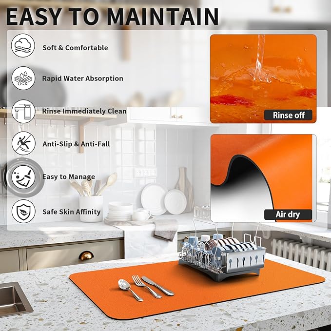 HotLive Dish Drying Mat for Kitchen Counter, Heat Resistant Drainer Mats with Non-slip Rubber Backed, Hide Stain Kitchen Super Absorbent Draining Mat, Easy to Clean Dish Rack Pad, Orange 16"x20" - Image 4