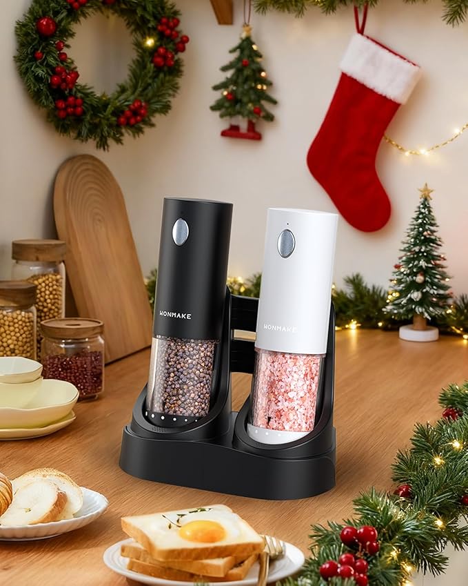 Electric Salt and Pepper Grinder Set - Automatic Refillable Salt and Pepper Grinders with Charging Base & LED Light, 6-Level Adjustable Coarseness with External Dial, Ideal Kitchen Gadget，Black& White - Image 3