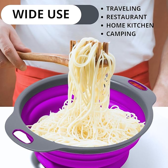 Purple Foldable Food Strainer for Kitchen - Small Collapsible Colander for Spaghetti and Pasta Multifunctional Silicone Strainer for Camping - Image 8