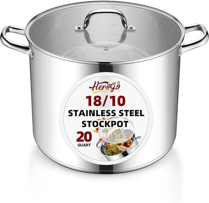 Herogo 20-Quart 18/10 Stainless Steel Stock Pot with Lid, Large Heavy Duty Soup Pot Compatible with Electric, Gas, Induction and Gas Cooktops, Non-Toxic & Corrosion Resistant, Dishwasher Safe