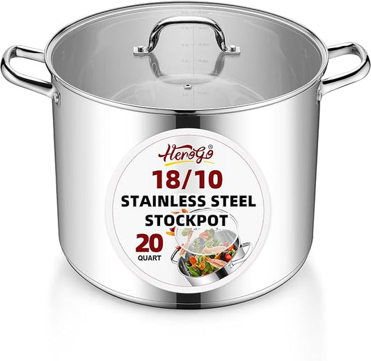 Herogo 20-Quart 18/10 Stainless Steel Stock Pot with Lid, Large Heavy Duty Soup Pot Compatible with Electric, Gas, Induction and Gas Cooktops, Non-Toxic & Corrosion Resistant, Dishwasher Safe