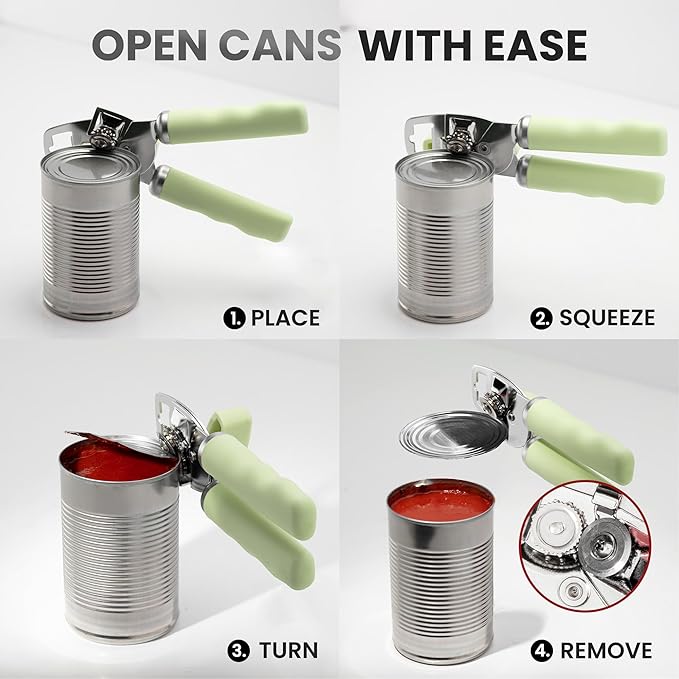 Zulay Kitchen Heavy Duty Stainless Steel Can Opener Manual with Bottle Opener - Rust Proof Manual Can Opener With Turn Knob & Comfy Soft Grip Handles - Pistachio - Image 6