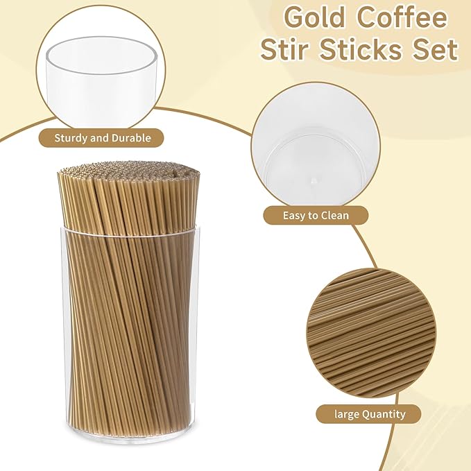 500 Pcs Gold Coffee Stirrers Holder Set Metallic Gold Coffee Stir Sticks Acrylic Stir Stick Holder Cocktail Straws Bar Straws Drink Stirrers for Coffee Bar Decor Juice Party Halloween Supplies - Image 3