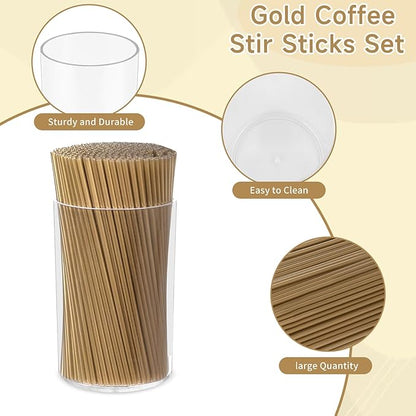 500 Pcs Gold Coffee Stirrers Holder Set Metallic Gold Coffee Stir Sticks Acrylic Stir Stick Holder Cocktail Straws Bar Straws Drink Stirrers for Coffee Bar Decor Juice Party Halloween Supplies - Image 3