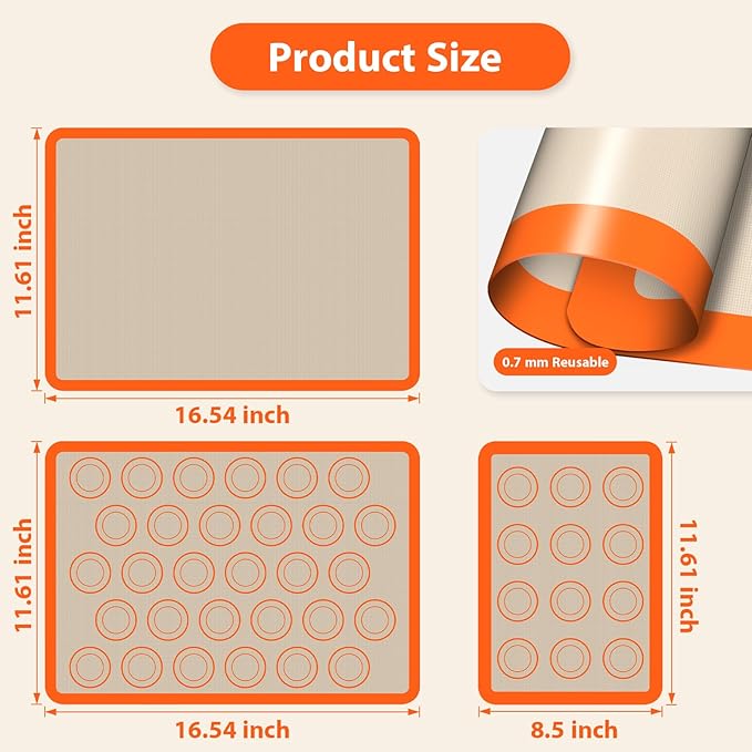 Macaron Silicone Baking Mats, 3 PCS Non Stick Macaroon Mat Silicone for Macarons, Cookie, Pastry, Orange - Image 2