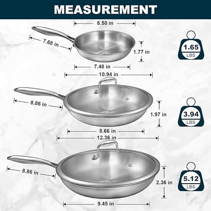 Tri-Ply Stainless Steel Frying Pans Set with Lid, EWFEN 8”/10”/12” Cooking pans, PFOA&PTFE Free Skillet, Induction Cooking Pan, Dishwasher and Oven Safe, Fast & Even Heat, Suitable for All Stove - Image 3