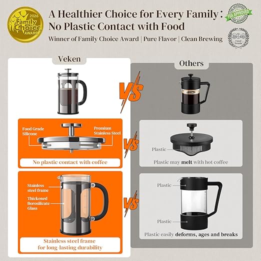 Veken French Press Coffee Maker 34oz, No Plastic Touching Cafe,Thickened Glass Stainless Steel Brewer, Cold Brew Cafetera Tea pot for Kitchen Travel Camping, Gifts, Decor, Bar Accessories, Dark Pewter - Image 2