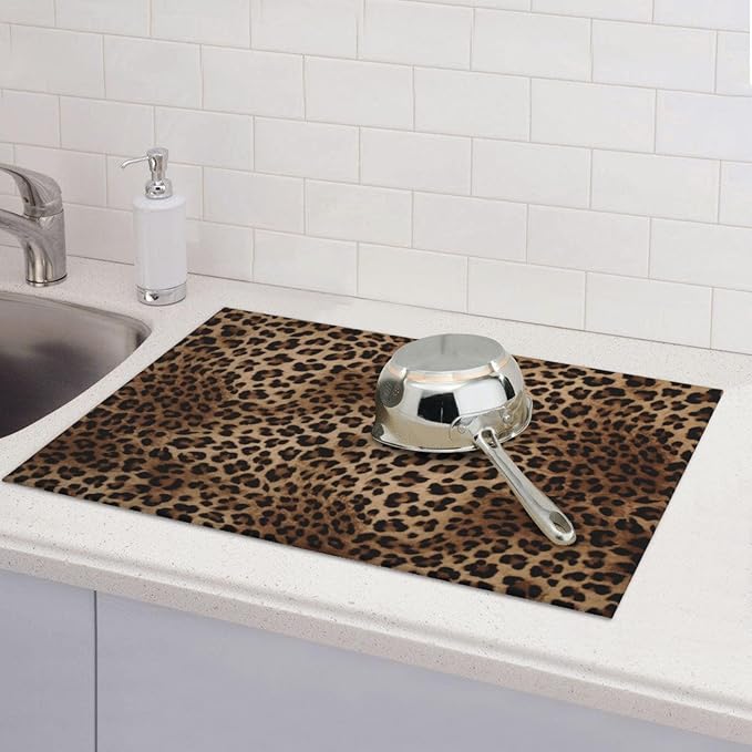 Brown Leopard Dish Drying Mat Black Cheetah Skin Wild Animal Print Drying Rack Pad Countertop Dishes Ultra Absorbent Microfiber Kitchen Counter Mat 18x24 Inch