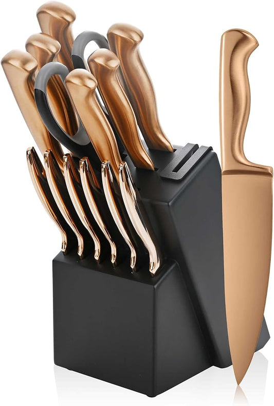 15-Piece Rose Gold Knife Block Set with Sharpener, Chef Professional Knife Set, Stainless Knife Set With Scissors, Steak Knives
