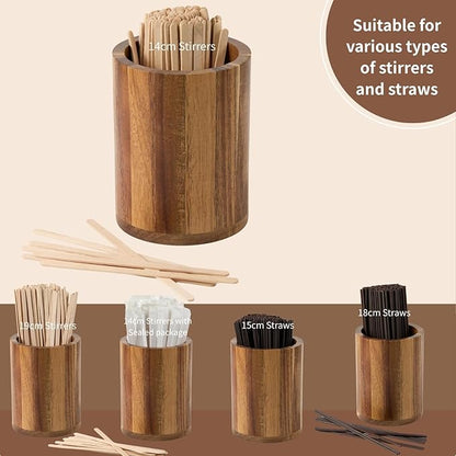 Acacia Wood Coffee Stirrer Holder Set with 100 Disposable Stir Sticks, Wooden Bar Accessories for Milk Cocktail Tea Drinks Straws, Organizer for Station Countertop - Image 4