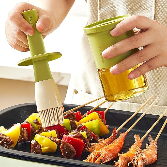 Glass Oil Dispenser with Heat Resistant Brush,Oil Dispenser Bottle with Silicone Pastry Brush for Kitchen,Cooking Vinegar and Sauce BBQ Grill Frying (Oil Dispenser-Green&Yellow)